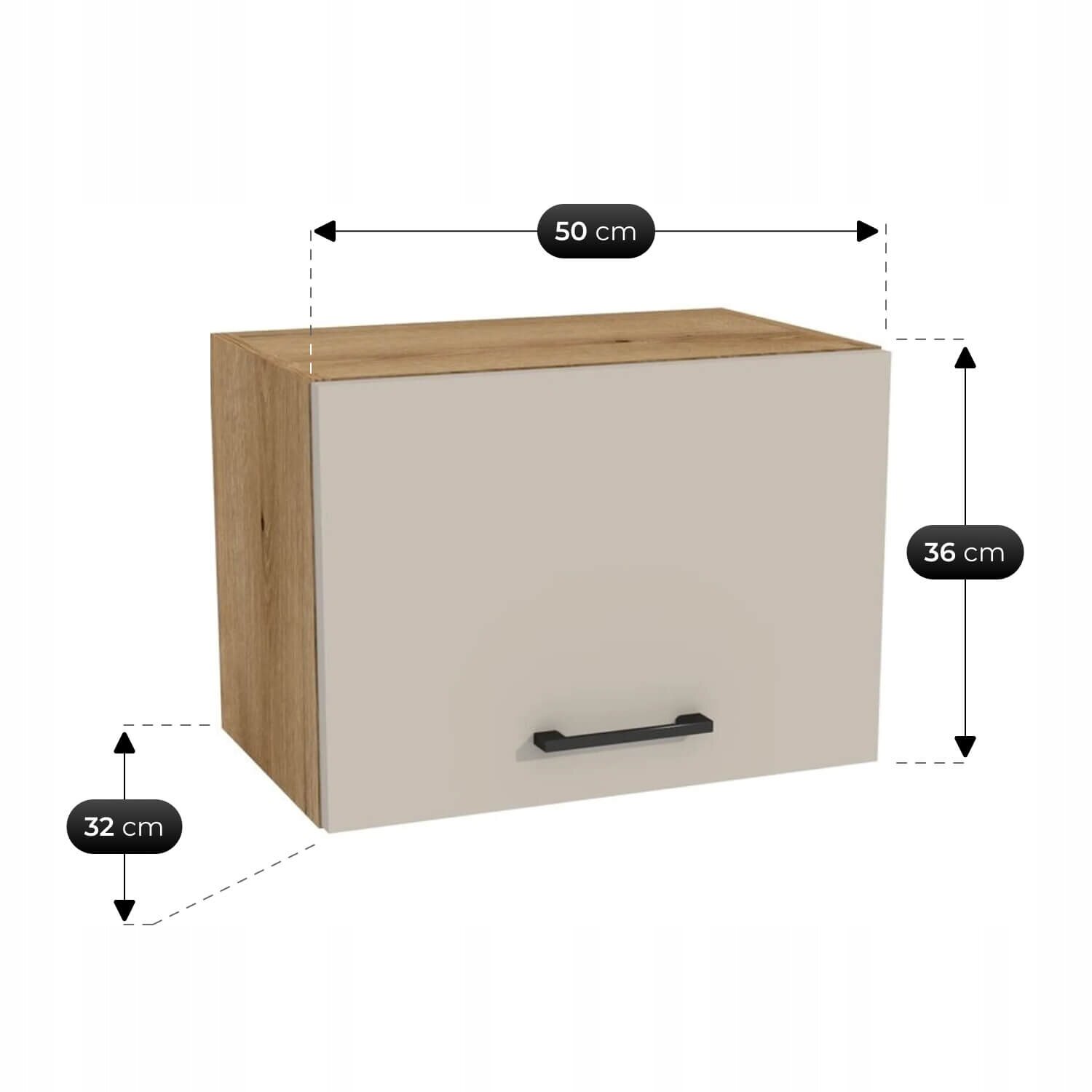 Obraz przedstawia szafkę kuchenną w kolorze dąb evoke z frontem w odcieniu kaszmir. Wymiary szafki to 50 cm szerokości, 36 cm wysokości i 32 cm głębokości.