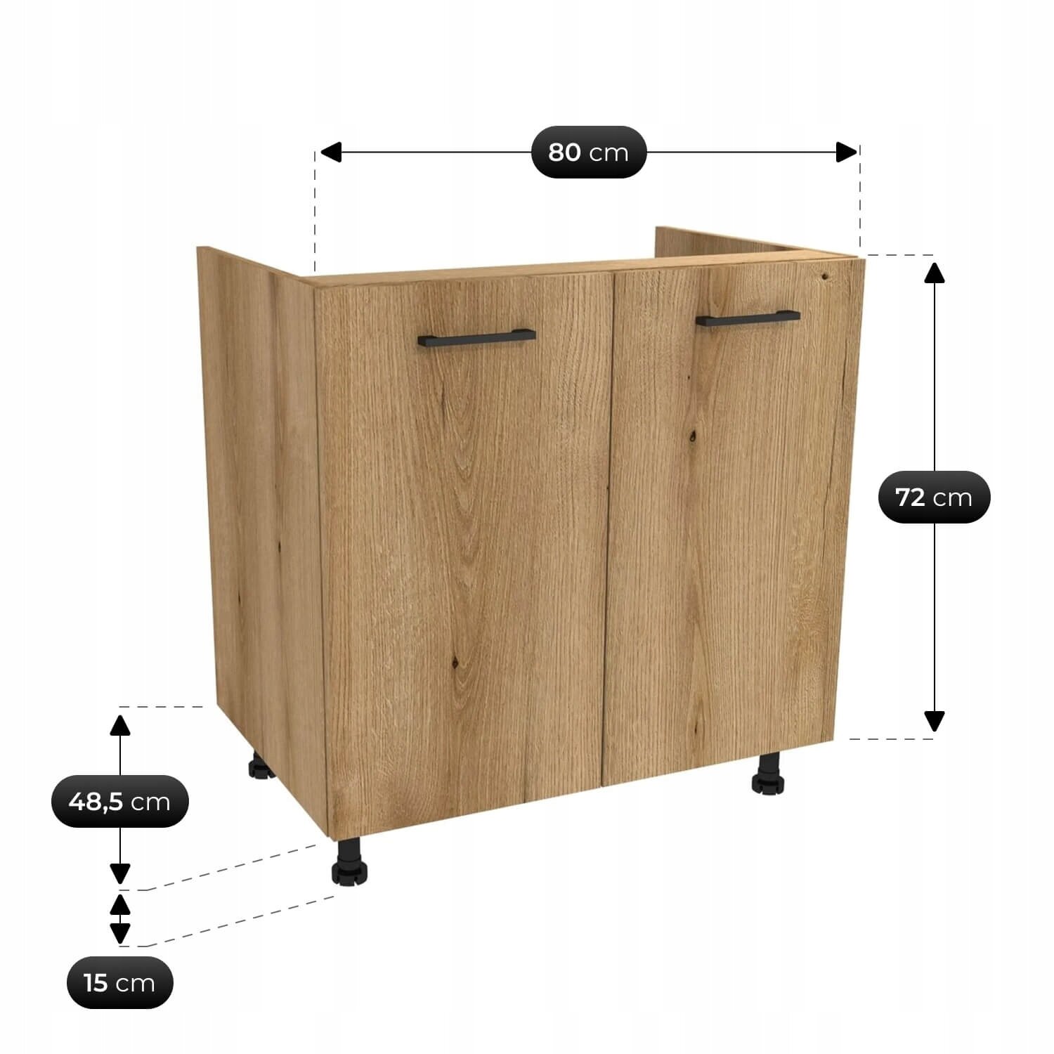 Szafka kuchenna z dwoma drzwiami w kolorze dębu, z czarnymi uchwytami i regulowanymi nóżkami. Wymiary to 80 cm szerokości, 72 cm wysokości, 48,5 cm głębokości oraz 15 cm wysokości nóżek.