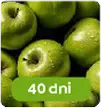 Zdjęcie przedstawia zielone jabłka z kroplami wody. Na pierwszym planie widoczny jest napis \'40 dni\' na zielonym tle.