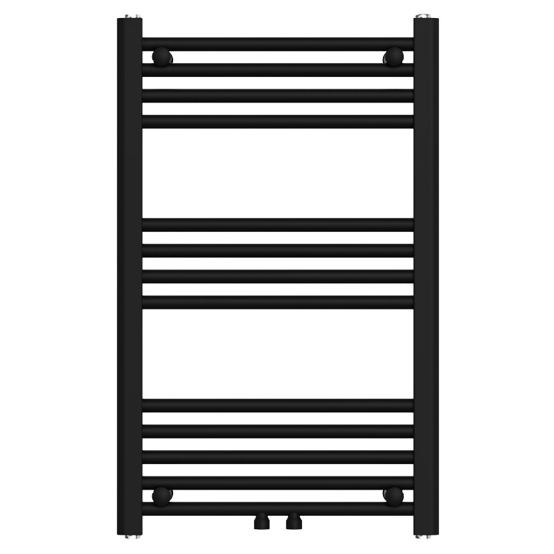 Czarny matowy grzejnik łazienkowy z poziomymi rurkami i pionowymi kolumnami po bokach. Produkt ma prosty, nowoczesny design.