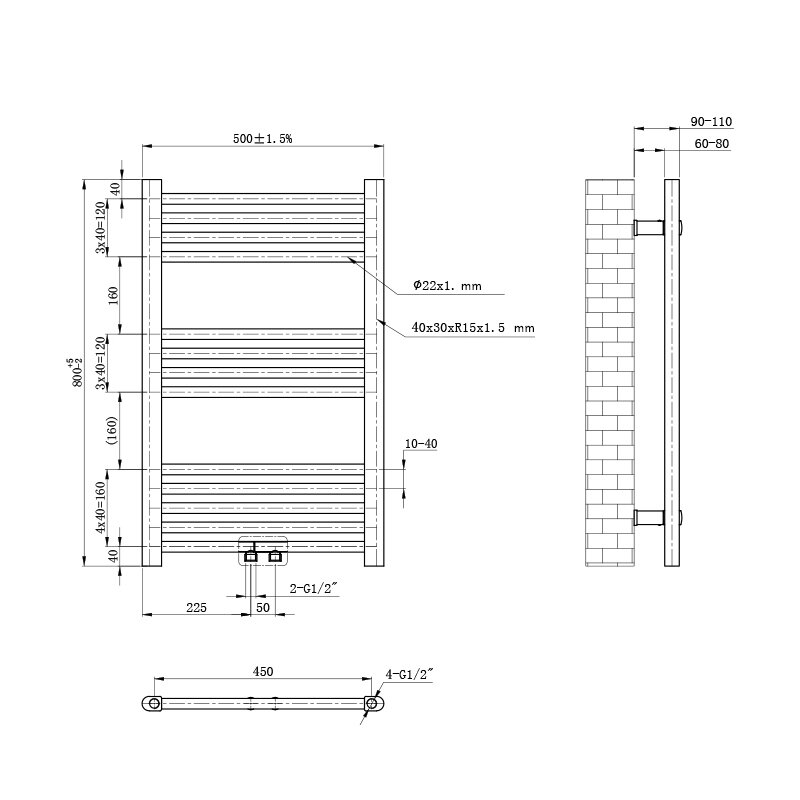 Rysunek techniczny przedstawia grzejnik łazienkowy z wymiarami: szerokość 500±1.5 mm, wysokość 800±5 mm, oraz szczegóły dotyczące średnicy rur i odległości montażowych. Widoczne są oznaczenia takie jak \'Ø22x1. mm\' i \'40x30xR15x1.5 mm\'.
