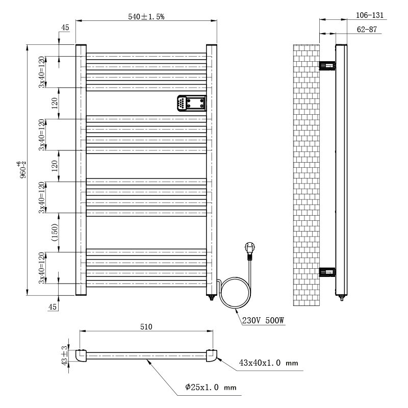 Rysunek techniczny grzejnika łazienkowego z wymiarami: szerokość 540±1.5 mm, wysokość 960±6 mm, głębokość 106-131 mm. Widoczny jest przewód zasilający z oznaczeniem 230V 500W oraz szczegóły konstrukcyjne rur i mocowań.