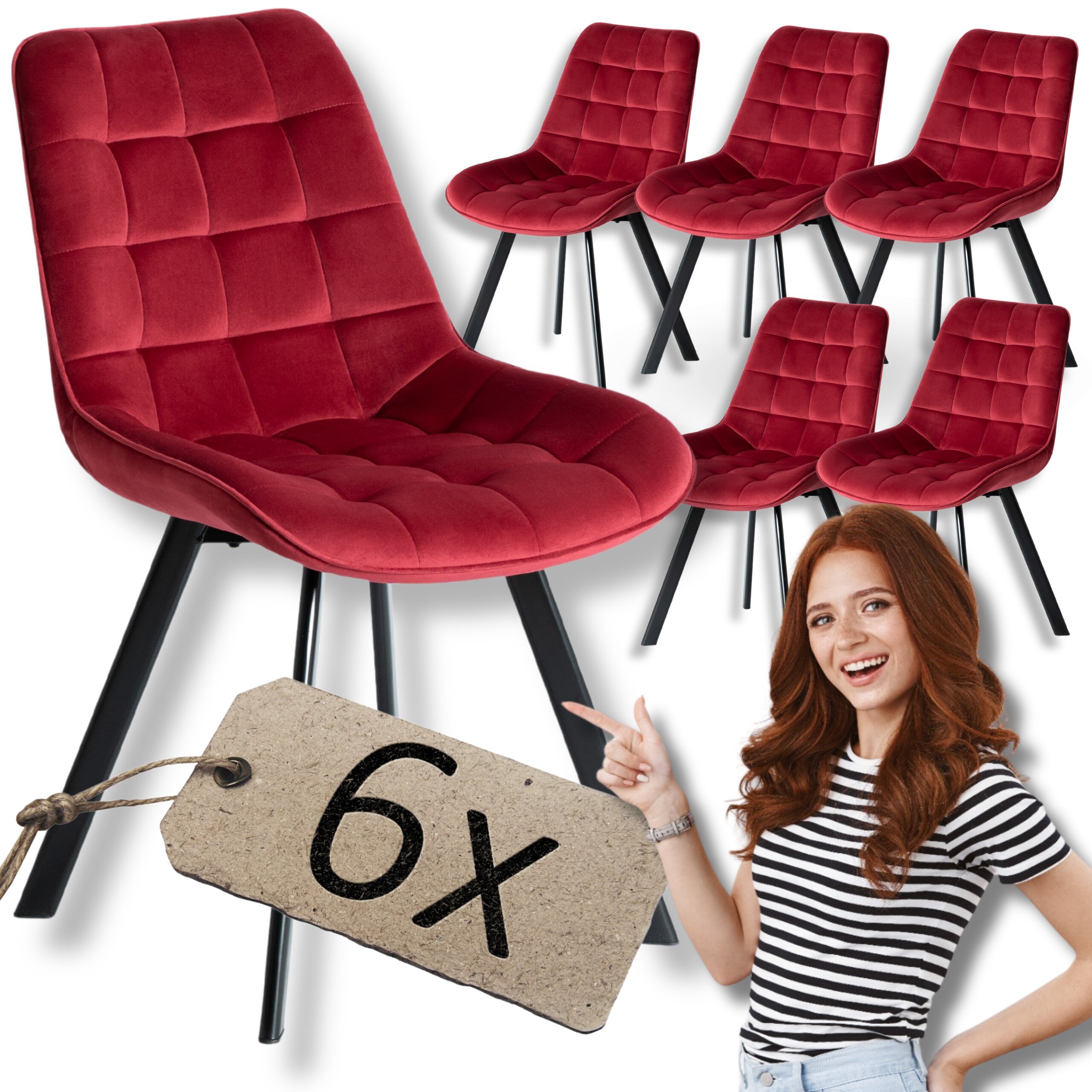Na obrazie znajduje się zestaw sześciu bordowych krzeseł tapicerowanych welurem z czarnymi nogami. Widoczny jest również kartonik z napisem \'6x\' oraz osoba wskazująca na krzesła.