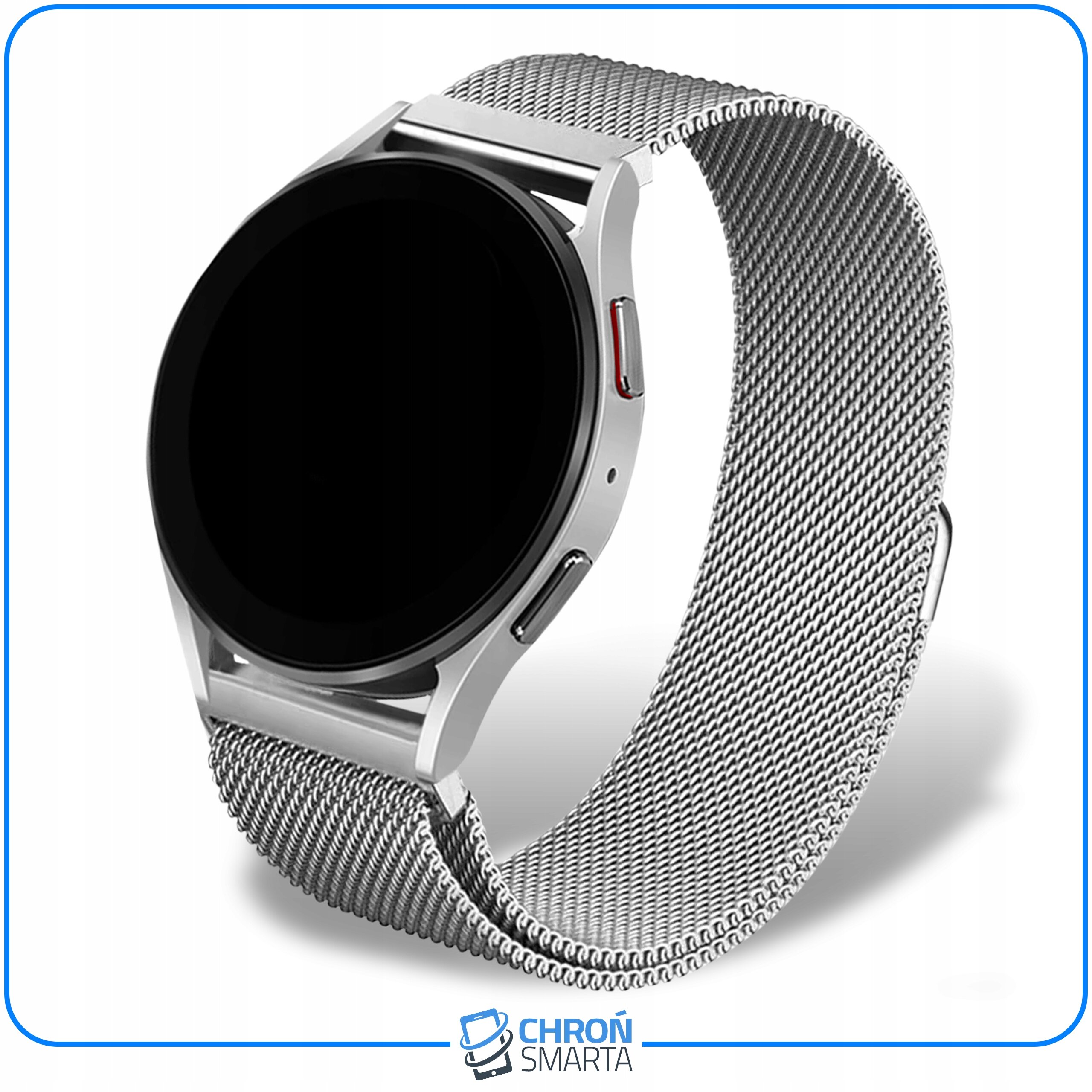 Na obrazie widoczny jest smartwatch z metalowym paskiem o siatkowej strukturze. Na dole znajduje się logo \'CHROŃ SMARTA\'.