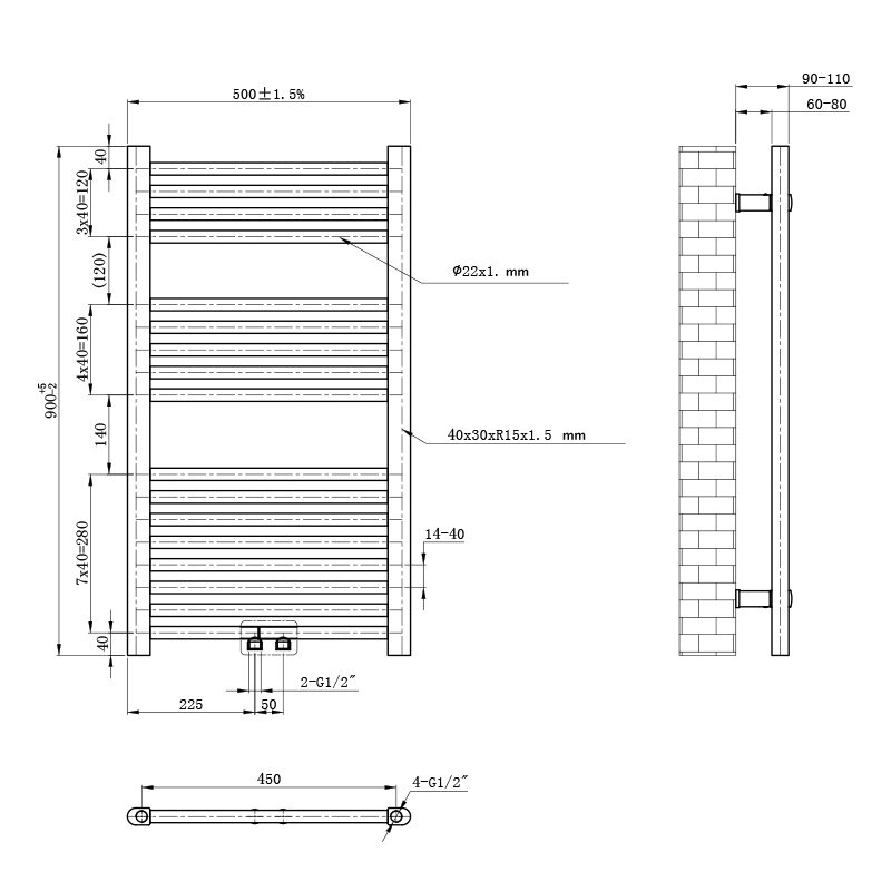 Rysunek techniczny przedstawia grzejnik łazienkowy z wymiarami: szerokość 500±1.5 mm, wysokość 900±5 mm. Widoczne są szczegóły konstrukcyjne, takie jak średnice rur i odległości montażowe.