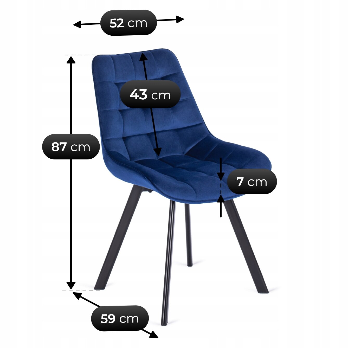 Na obrazie widoczne jest granatowe krzesło tapicerowane z weluru, z czterema czarnymi nogami. Wymiary krzesła to: szerokość 52 cm, wysokość 87 cm, głębokość 59 cm, wysokość oparcia 43 cm, grubość siedziska 7 cm.