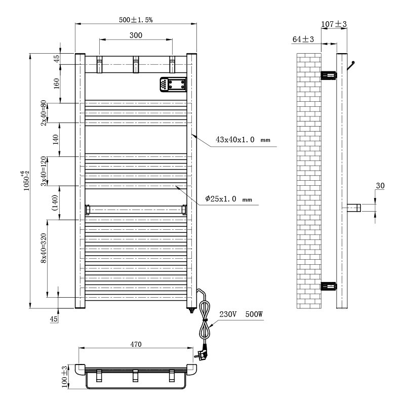 Rysunek techniczny przedstawia grzejnik łazienkowy z wymiarami: szerokość 500 mm, wysokość 1060 mm, głębokość 100 mm. Widoczne są szczegóły konstrukcyjne, takie jak średnica rur 25 mm i moc 500W przy napięciu 230V.