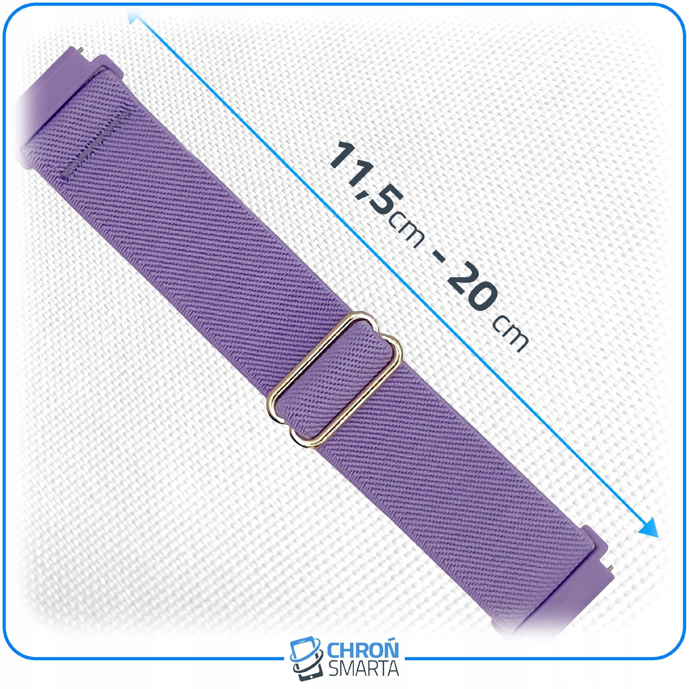 Fioletowy pasek do smartwatcha z metalową klamrą, na białym tle z teksturą. Widoczny tekst: \'11,5 cm - 20 cm\' oraz logo \'CHRON SMARTA\'.