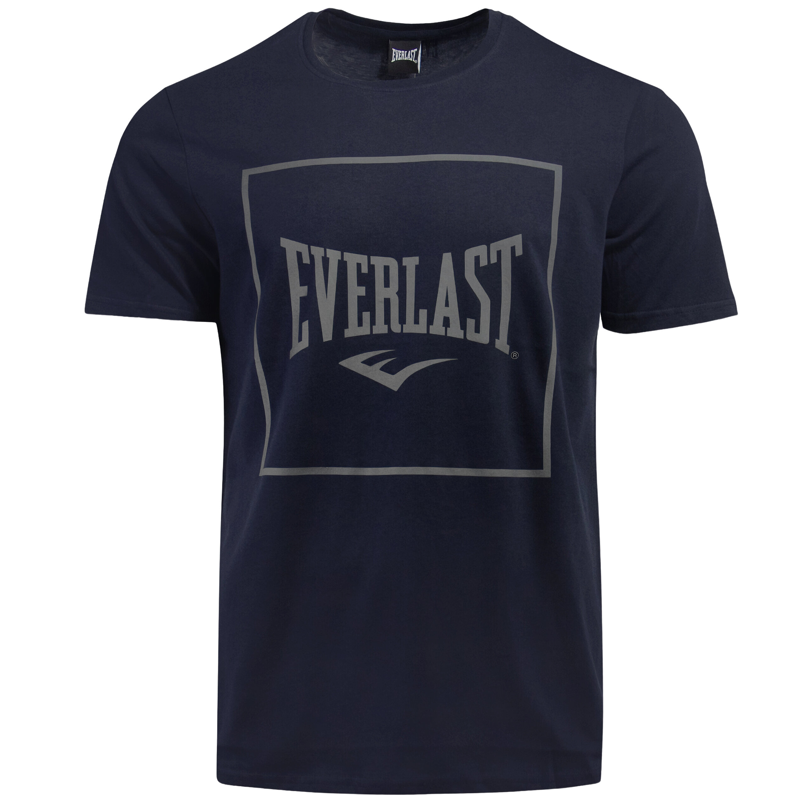 Granatowa koszulka z krótkim rękawem z dużym napisem \'EVERLAST\' na przodzie. W tle napisu znajduje się prostokątna ramka.