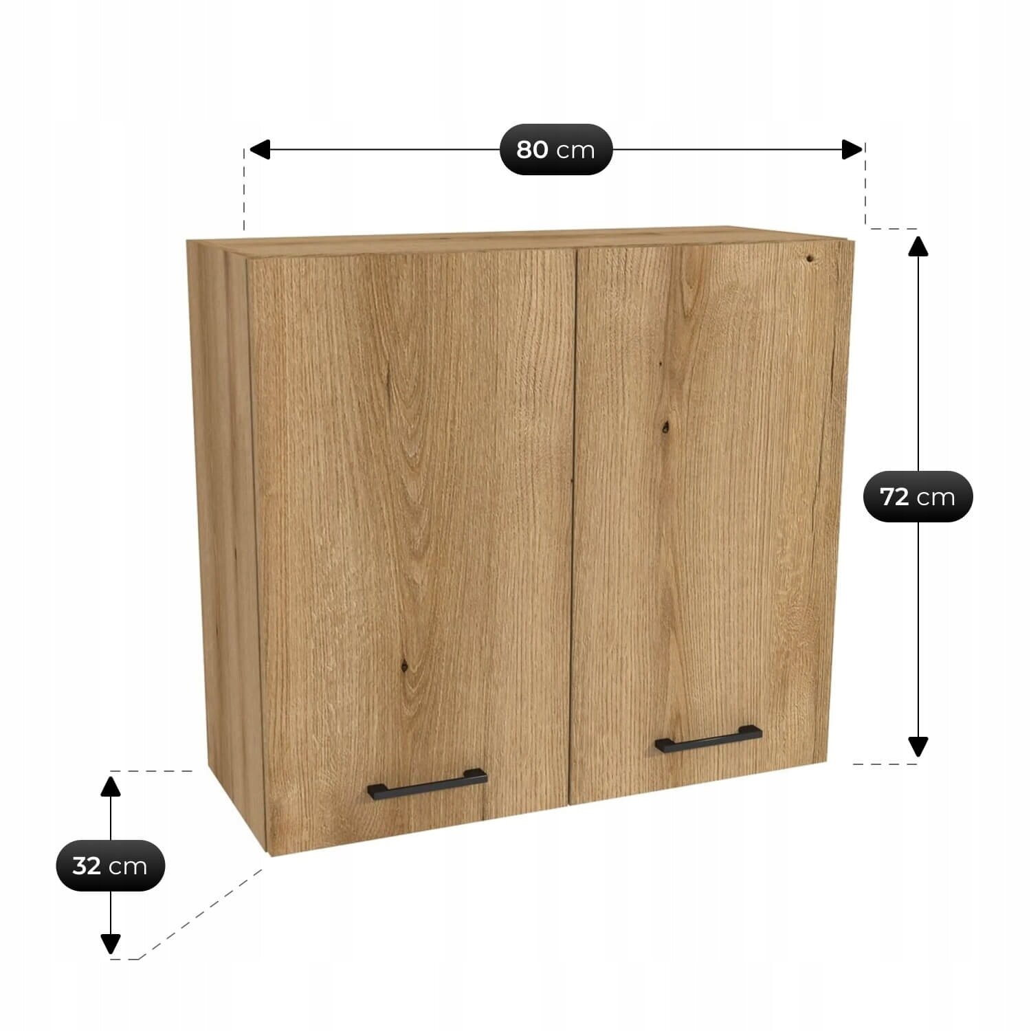 Obraz przedstawia drewnianą szafkę z dwoma drzwiami, z czarnymi uchwytami. Wymiary szafki to 80 cm szerokości, 72 cm wysokości i 32 cm głębokości.