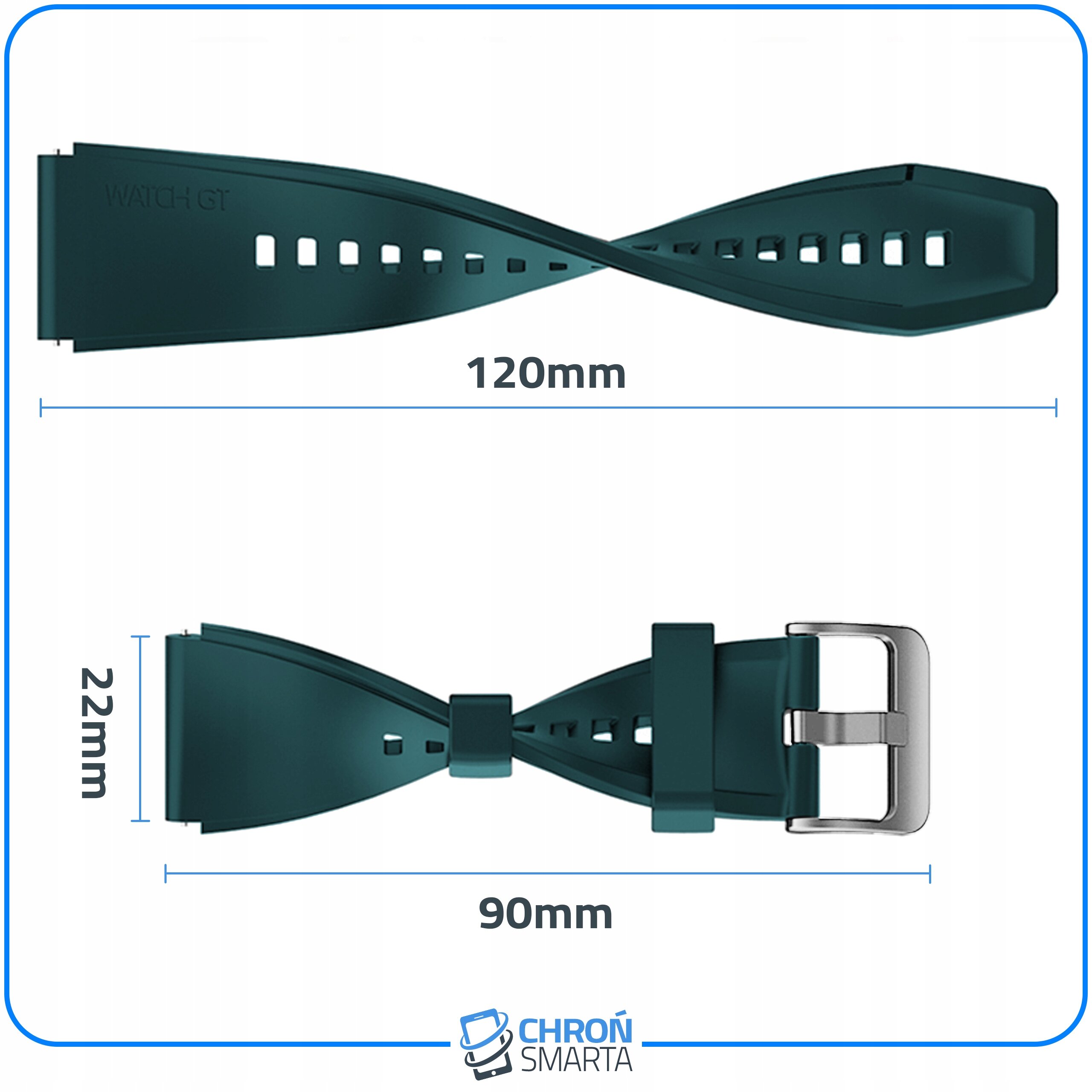 Obraz przedstawia pasek do smartwatcha w kolorze ciemnozielonym z metalową klamrą. Na pasku widoczny jest napis \'WATCH GT\', a wymiary to 120mm i 90mm długości oraz 22mm szerokości.