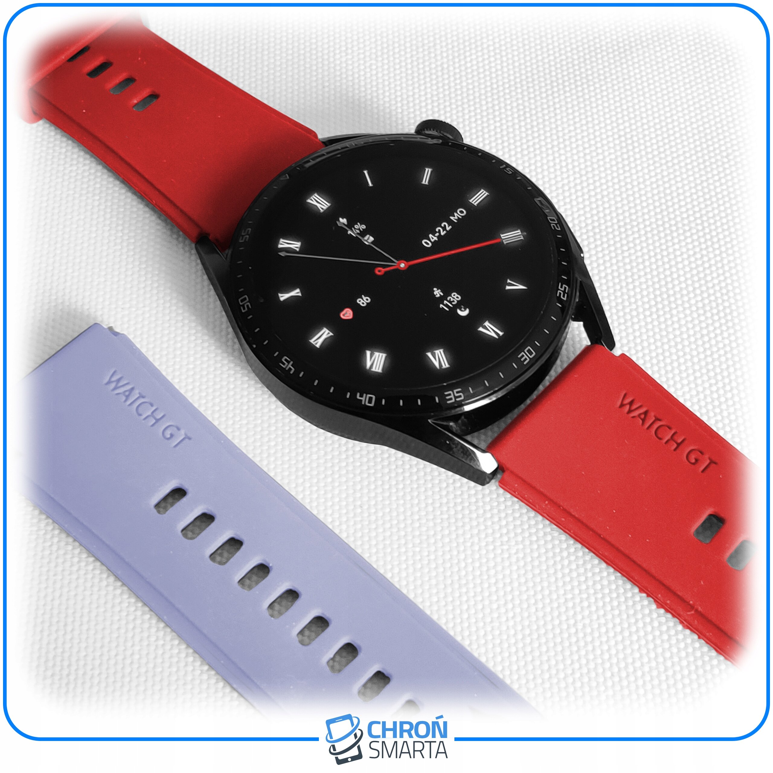 Na obrazie widoczny jest smartwatch z czerwonym paskiem oraz dodatkowy pasek w kolorze fioletowym. Na obu paskach znajduje się napis \'WATCH GT\'.
