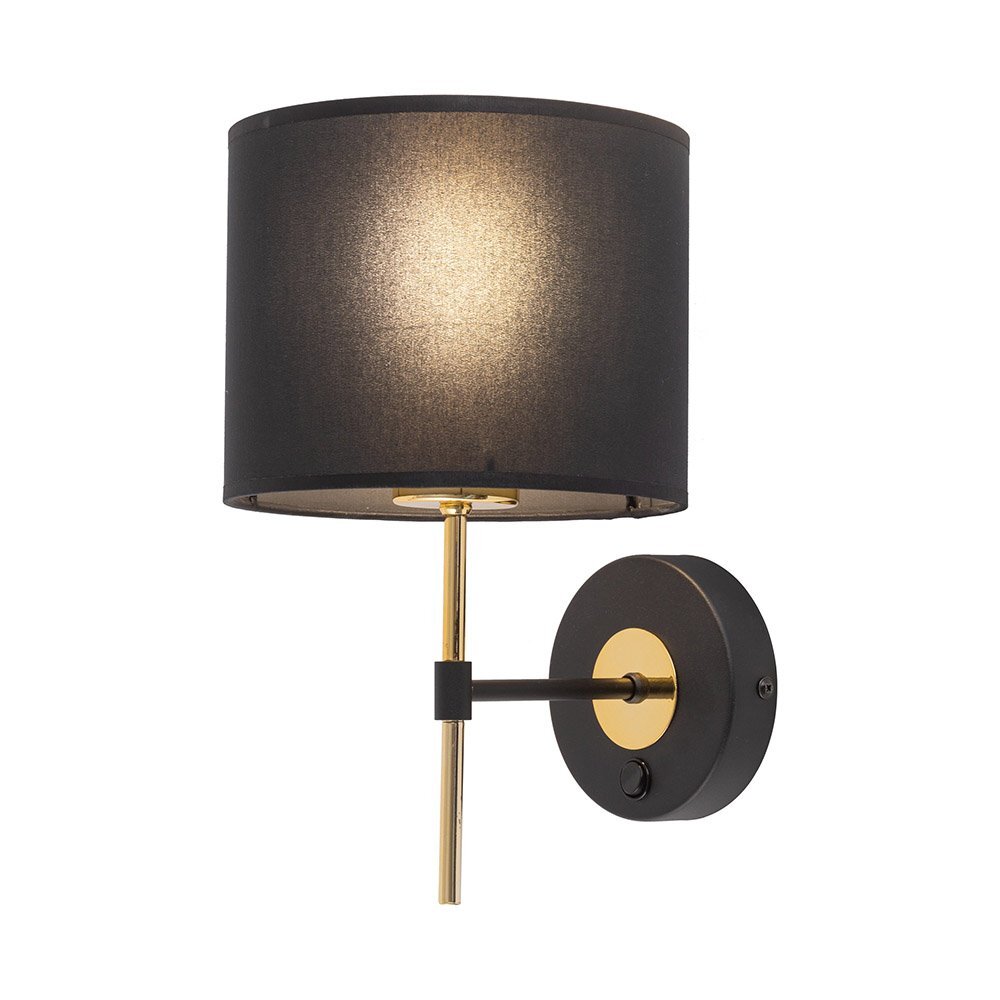 Czarny kinkiet ścienny z cylindrycznym abażurem, złotym uchwytem i okrągłą podstawą z włącznikiem. Lampa posiada nowoczesny design i jest przeznaczona do montażu na ścianie.