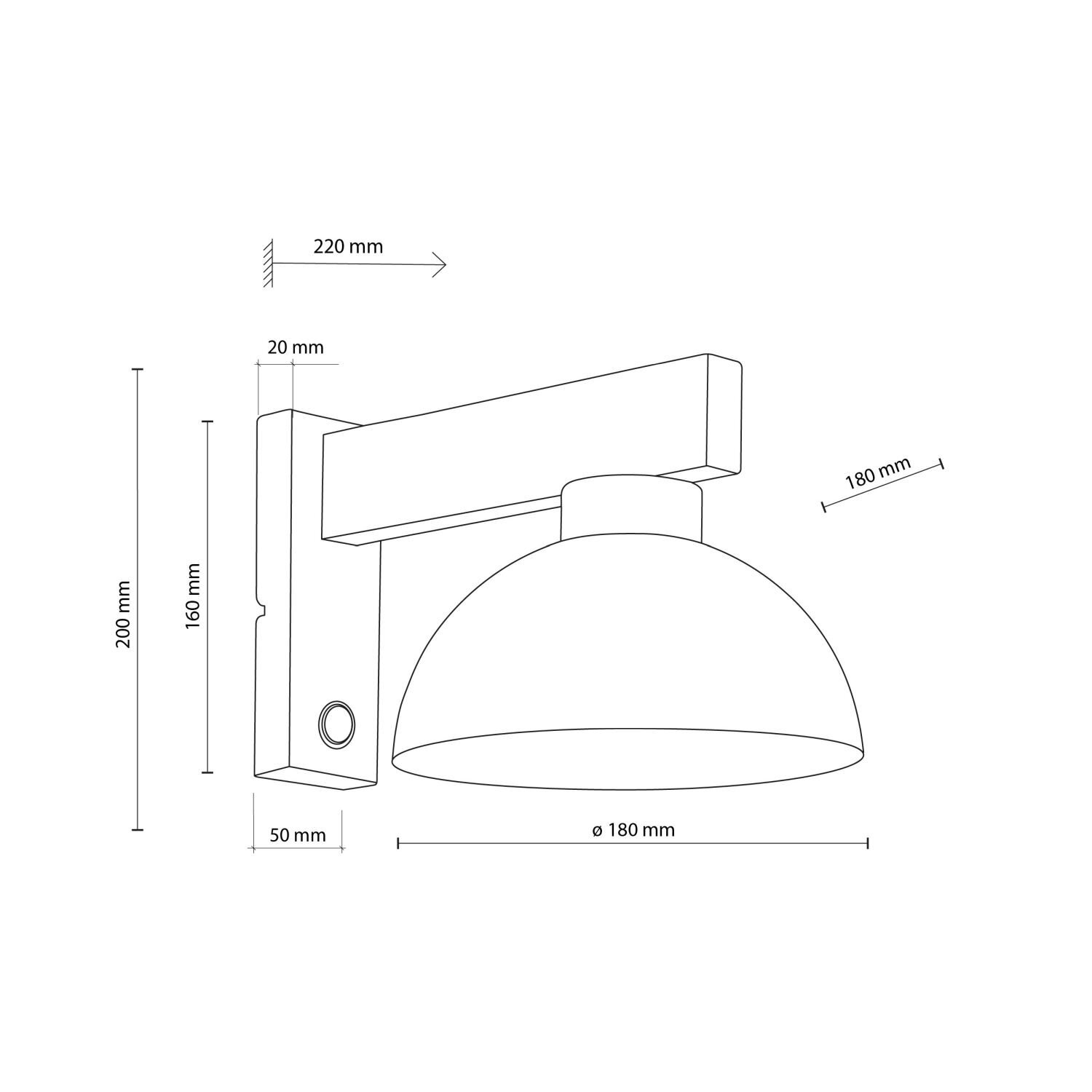 Schematyczny rysunek kinkietu ściennego z wymiarami: 220 mm, 200 mm, 160 mm, 50 mm, 20 mm, 180 mm. Kinkiet ma kształt półkuli z prostokątnym uchwytem montażowym.