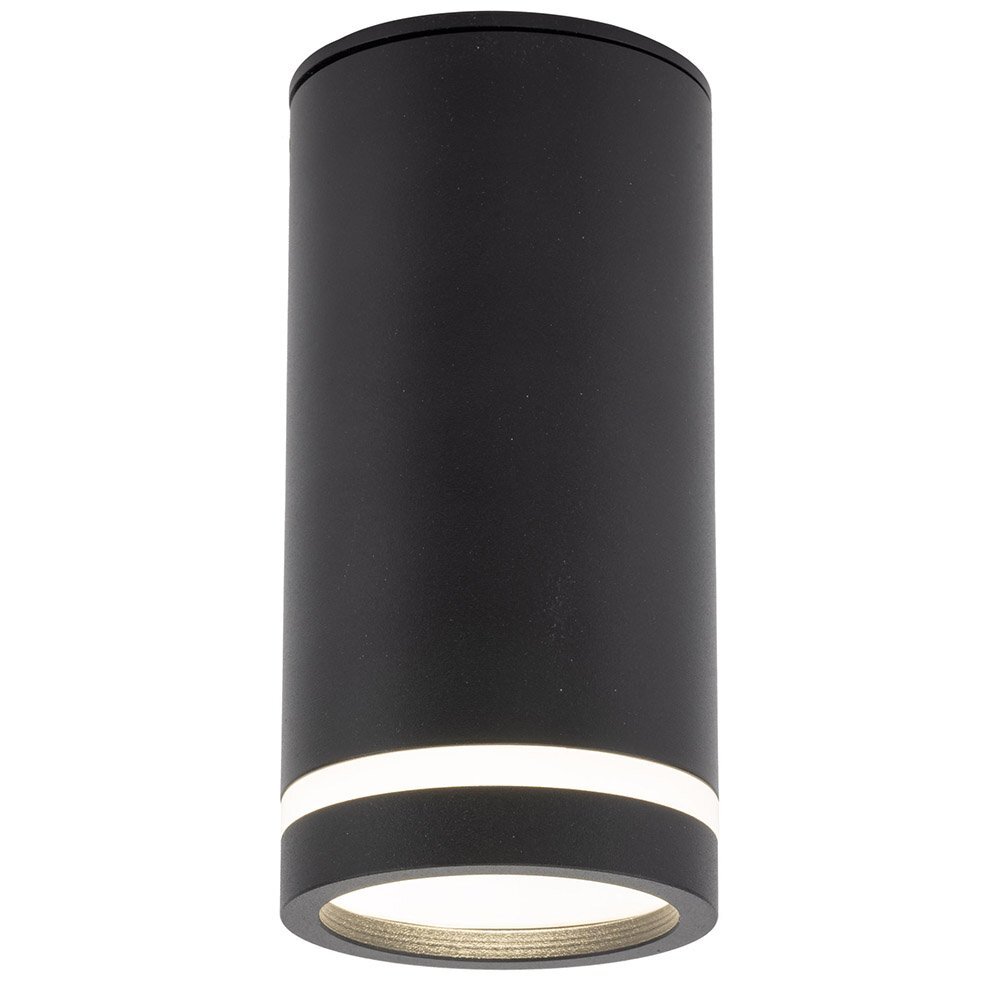 Czarna, cylindryczna oprawa natynkowa sufitowa z białym pierścieniem świetlnym. Wykonana z metalu, minimalistyczny design.