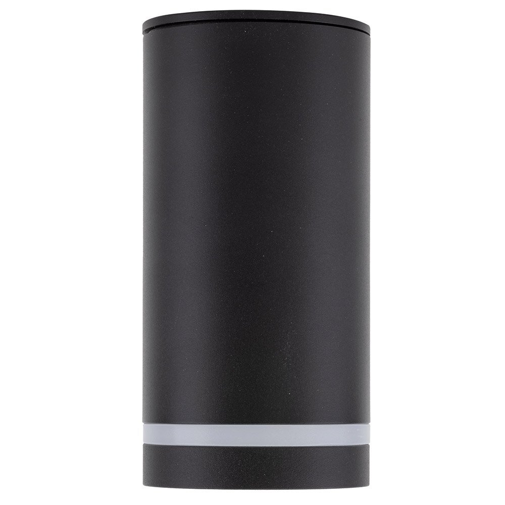 Cylindryczna, czarna oprawa natynkowa z metalowym wykończeniem i jasnym pierścieniem u dołu. Produkt ma minimalistyczny design.
