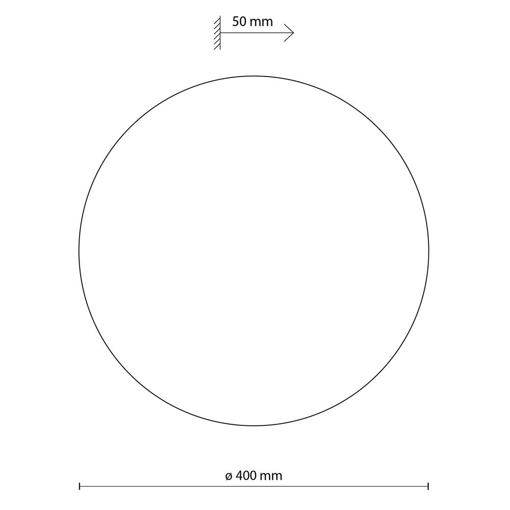 Schematyczny rysunek przedstawia okrąg o średnicy 400 mm z zaznaczoną odległością 50 mm od ściany. Wskazówki są oznaczone strzałką i tekstem \'50 mm\' oraz \'ø 400 mm\'.