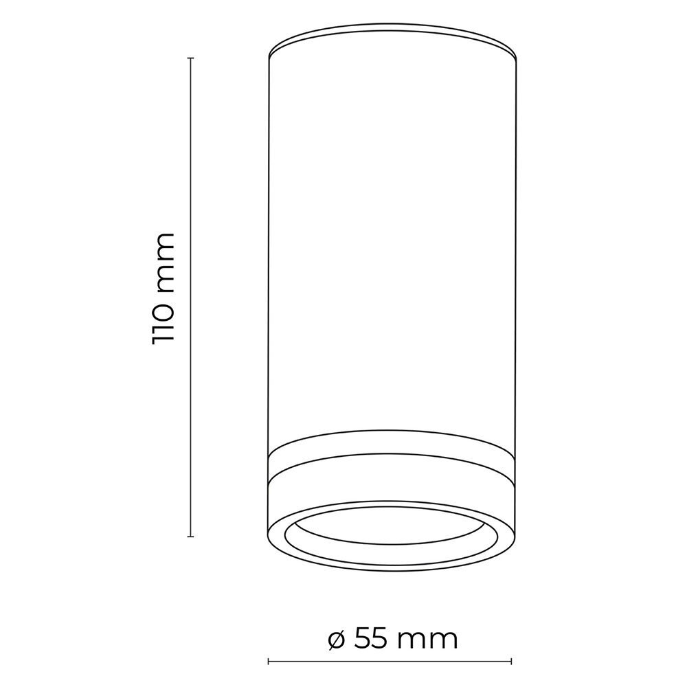 Schematyczny rysunek przedstawia cylindryczny spot natynkowy o wysokości 110 mm i średnicy 55 mm. Produkt wykonany jest z metalu i ma nowoczesny design.