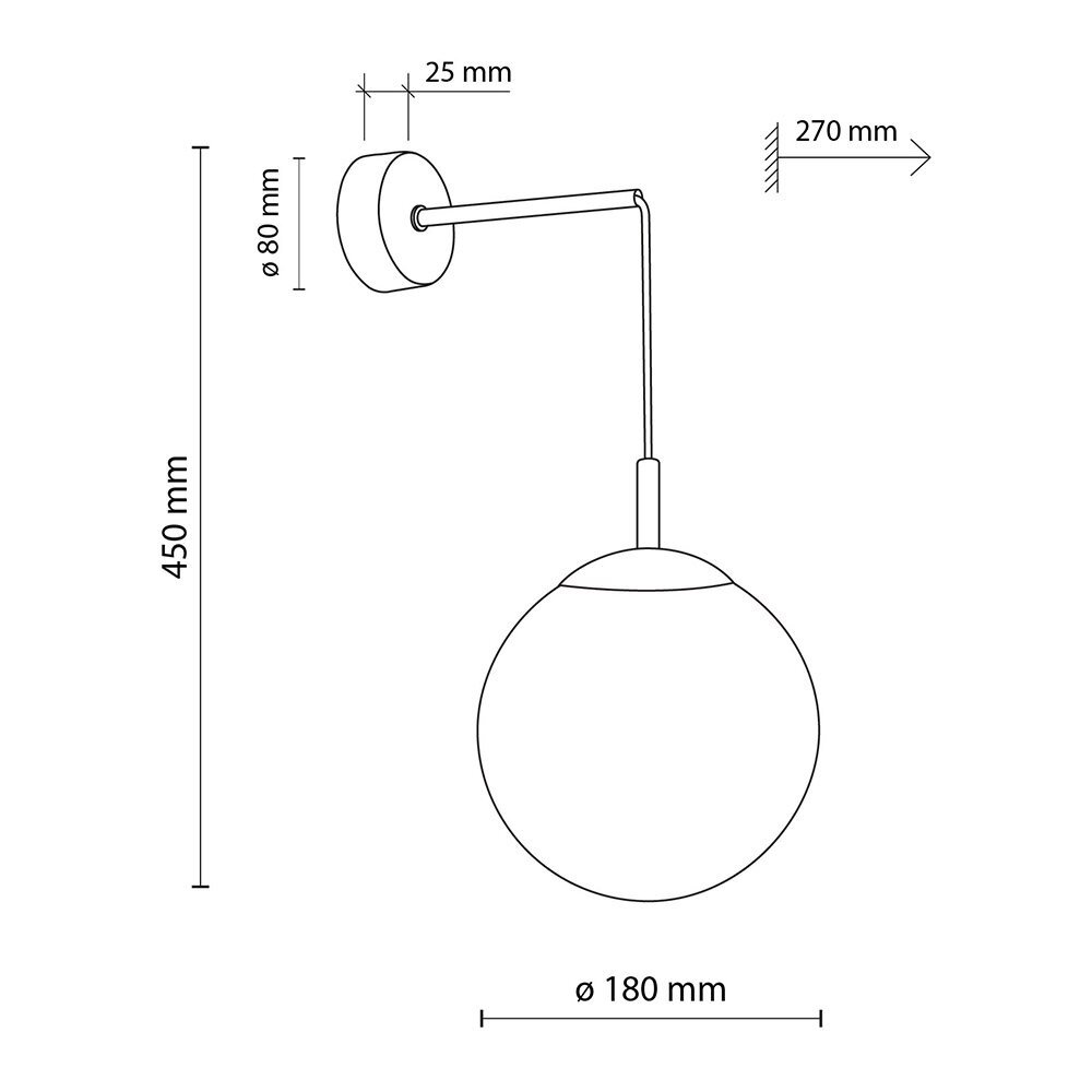 Schematyczny rysunek kinkietu ściennego z wymiarami: wysokość 450 mm, średnica klosza 180 mm, średnica podstawy 80 mm, długość ramienia 270 mm, grubość ramienia 25 mm. Kinkiet ma kulisty klosz i prostokątne ramię mocujące do ściany.