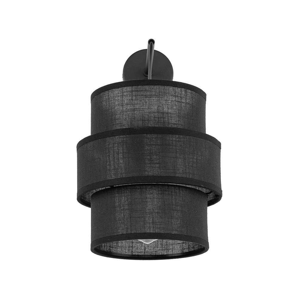 Czarny kinkiet ścienny o cylindrycznym kształcie z metalowym wykończeniem. Lampa posiada widoczny włącznik i jest przeznaczona do montażu na ścianie.