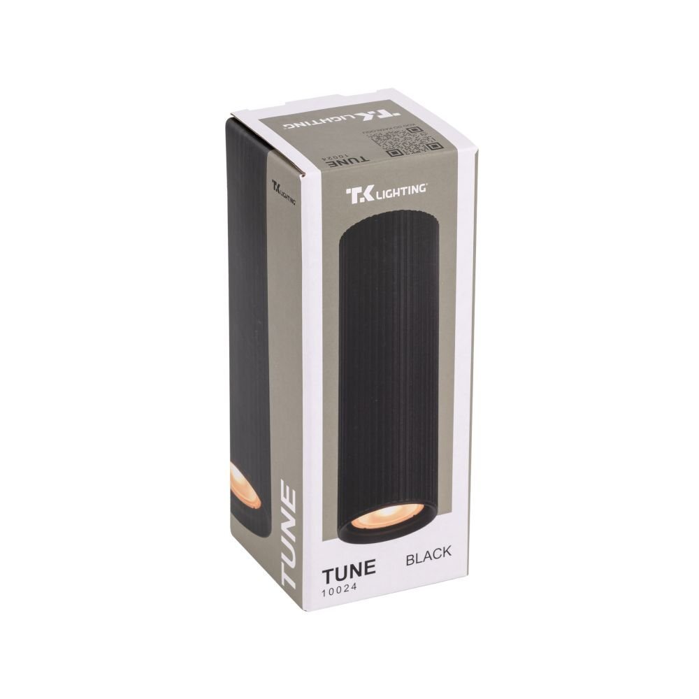 Opakowanie produktu TK Lighting z napisem \'TUNE BLACK 10024\'. Widoczny jest czarny spot sufitowy na tle szarego pudełka.