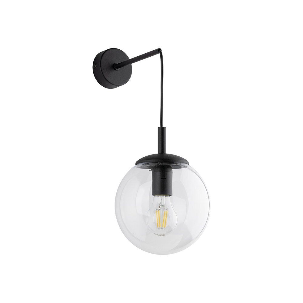 Czarny kinkiet ścienny z przezroczystym, kulistym kloszem, w którym znajduje się żarówka LED. Kinkiet ma prosty, nowoczesny design z metalowym ramieniem i okrągłą podstawą montażową.