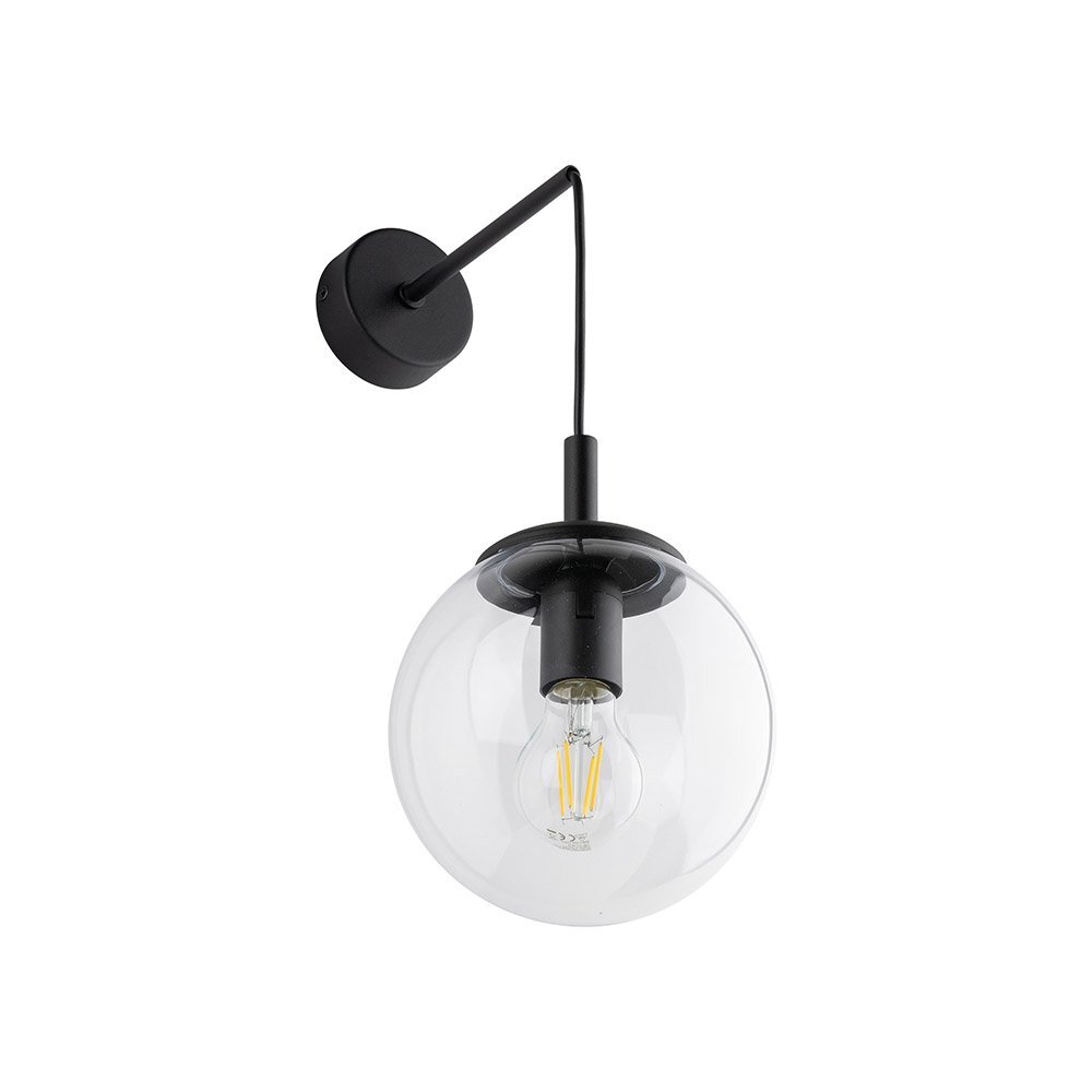 Czarny kinkiet ścienny z przezroczystym, kulistym kloszem i widoczną żarówką wewnątrz. Kinkiet ma prosty, nowoczesny design z metalowym ramieniem i okrągłą podstawą montażową.