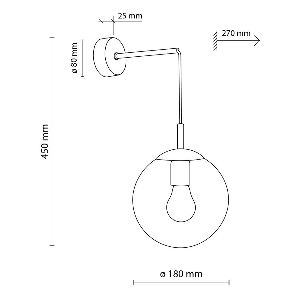 Schematyczny rysunek kinkietu ściennego z przezroczystym kloszem, przedstawiający wymiary: wysokość 450 mm, średnica klosza 180 mm, średnica podstawy 80 mm, odległość od ściany 270 mm, długość ramienia 25 mm. Widoczna jest żarówka w kształcie tradycyjnej bańki.
