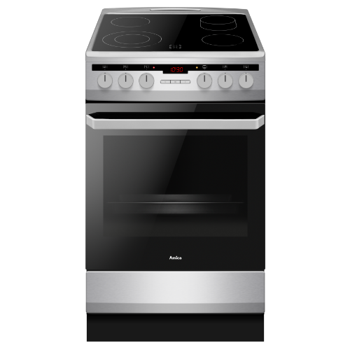 Kuchnia wolnostojąca z płytą ceramiczną i piekarnikiem, posiada cztery pokrętła oraz wyświetlacz cyfrowy. Na froncie widoczne jest logo Amica.