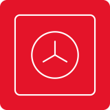 Czerwony kwadrat z białym symbolem przypominającym zegar lub timer w środku.