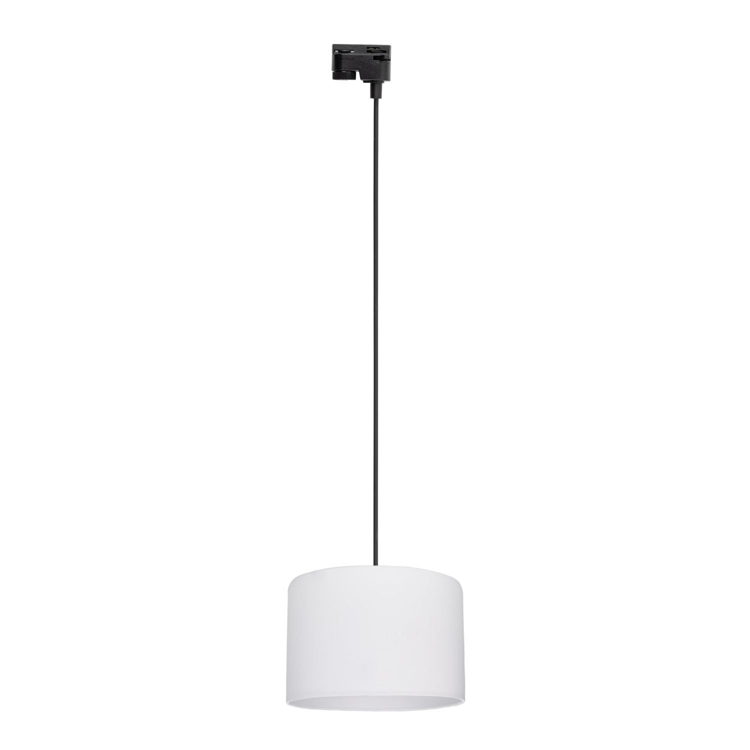 Biała lampa wisząca z cylindrycznym kloszem, zawieszona na czarnym przewodzie. Element mocujący jest prostokątny i czarny.
