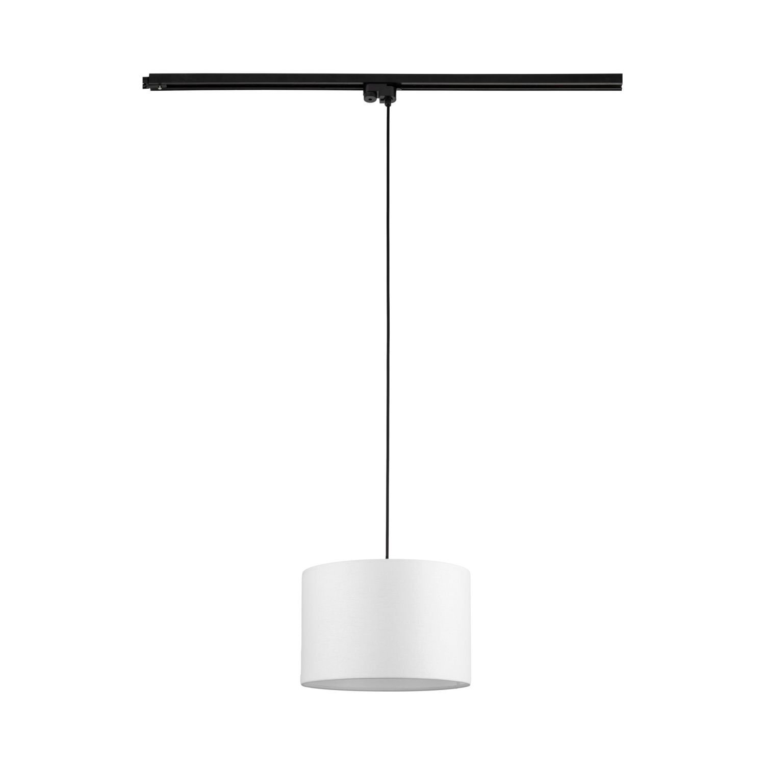 Biała lampa wisząca z cylindrycznym kloszem zawieszona na czarnym przewodzie, zamocowana do czarnej szyny sufitowej.