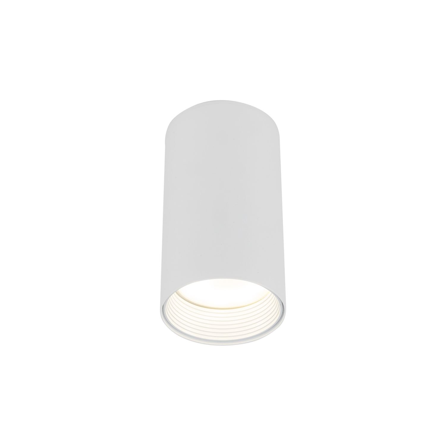 Biały, cylindryczny spot natynkowy z widocznym złotym wnętrzem. Lampa wykonana z metalu, przeznaczona do montażu sufitowego.