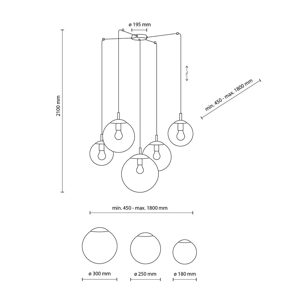 Schemat lampy wiszącej z pięcioma żarówkami, z regulowaną wysokością od 450 mm do 1800 mm i całkowitą wysokością 2100 mm. Średnice kloszy wynoszą 300 mm, 250 mm i 180 mm.
