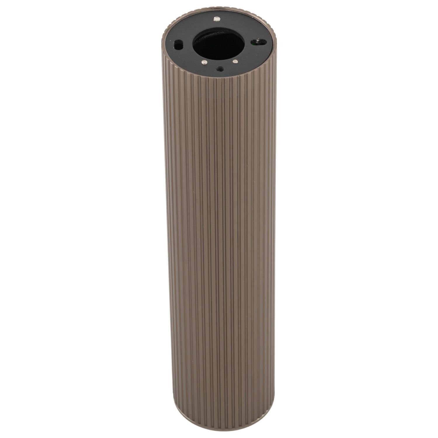 Cylindryczny, brązowy spot natynkowy z ryflowaną powierzchnią i otworem na żarówkę GU10. Wykonany z metalu, posiada czarną podstawę montażową.