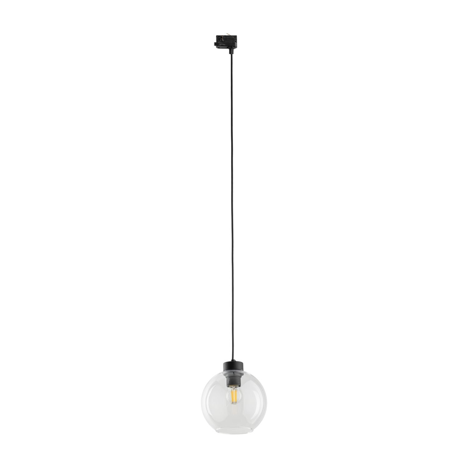 Lampa wisząca z przezroczystym kloszem i czarnym przewodem, zakończona mocowaniem do szyny. Wewnątrz klosza widoczna jest żarówka typu E27.