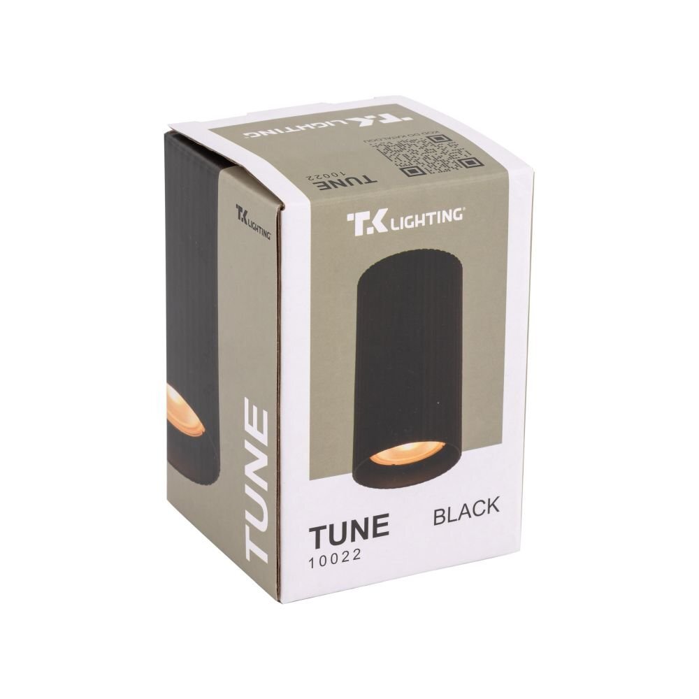 Pudełko z oprawą natynkową TK Lighting TUNE BLACK 10022, przedstawia czarną, cylindryczną lampę. Na opakowaniu widnieje logo \'TK Lighting\' oraz tekst \'TUNE BLACK 10022\'.