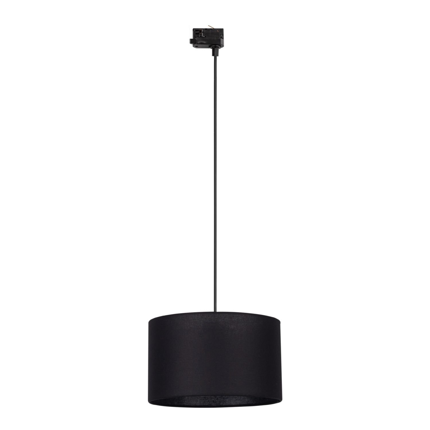 Czarna lampa wisząca z cylindrycznym kloszem, zawieszona na długim przewodzie. Widoczny jest mechanizm montażowy na końcu przewodu.