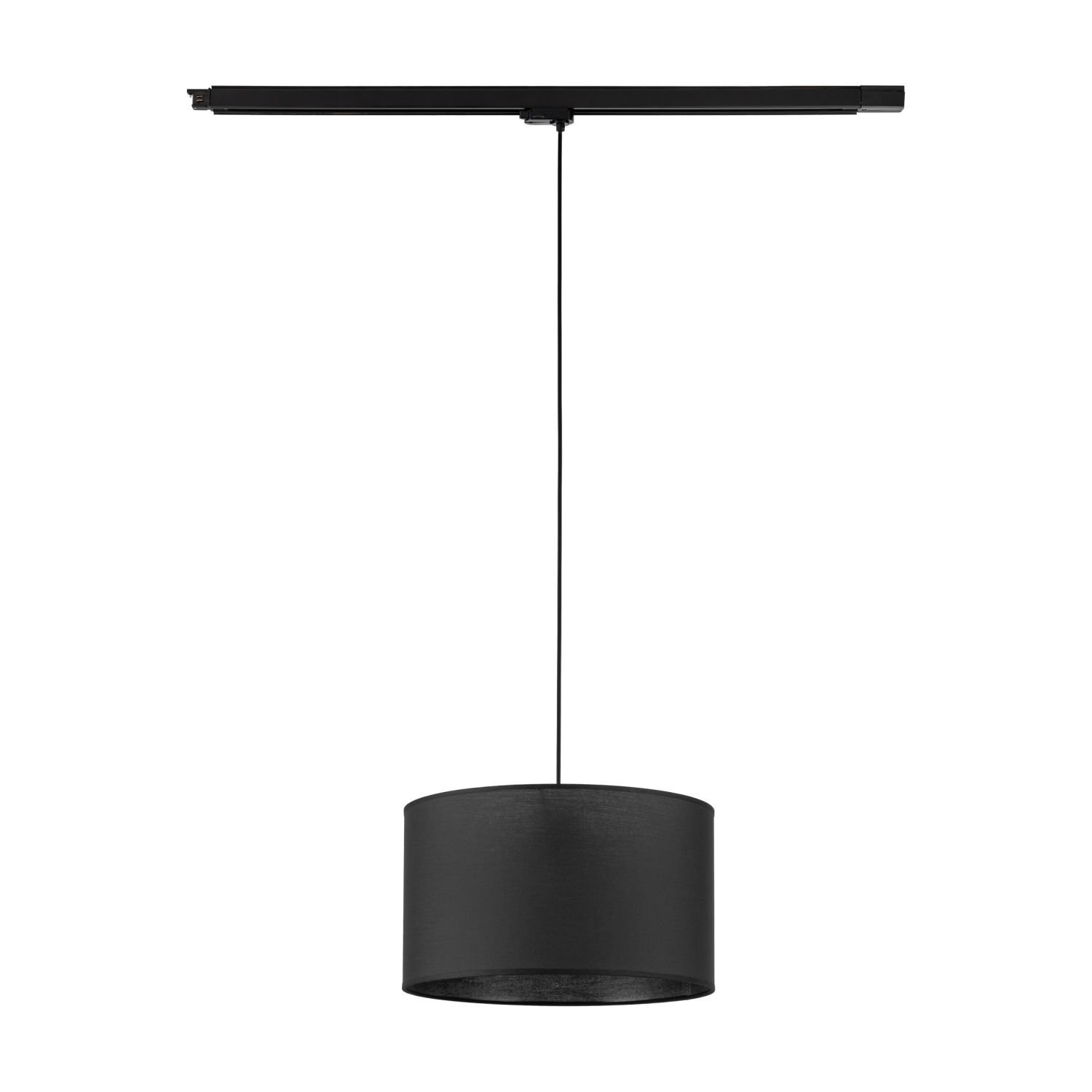 Czarna lampa wisząca z cylindrycznym kloszem zawieszona na cienkim przewodzie, zamocowana do szyny sufitowej. Lampa ma możliwość regulacji wysokości.