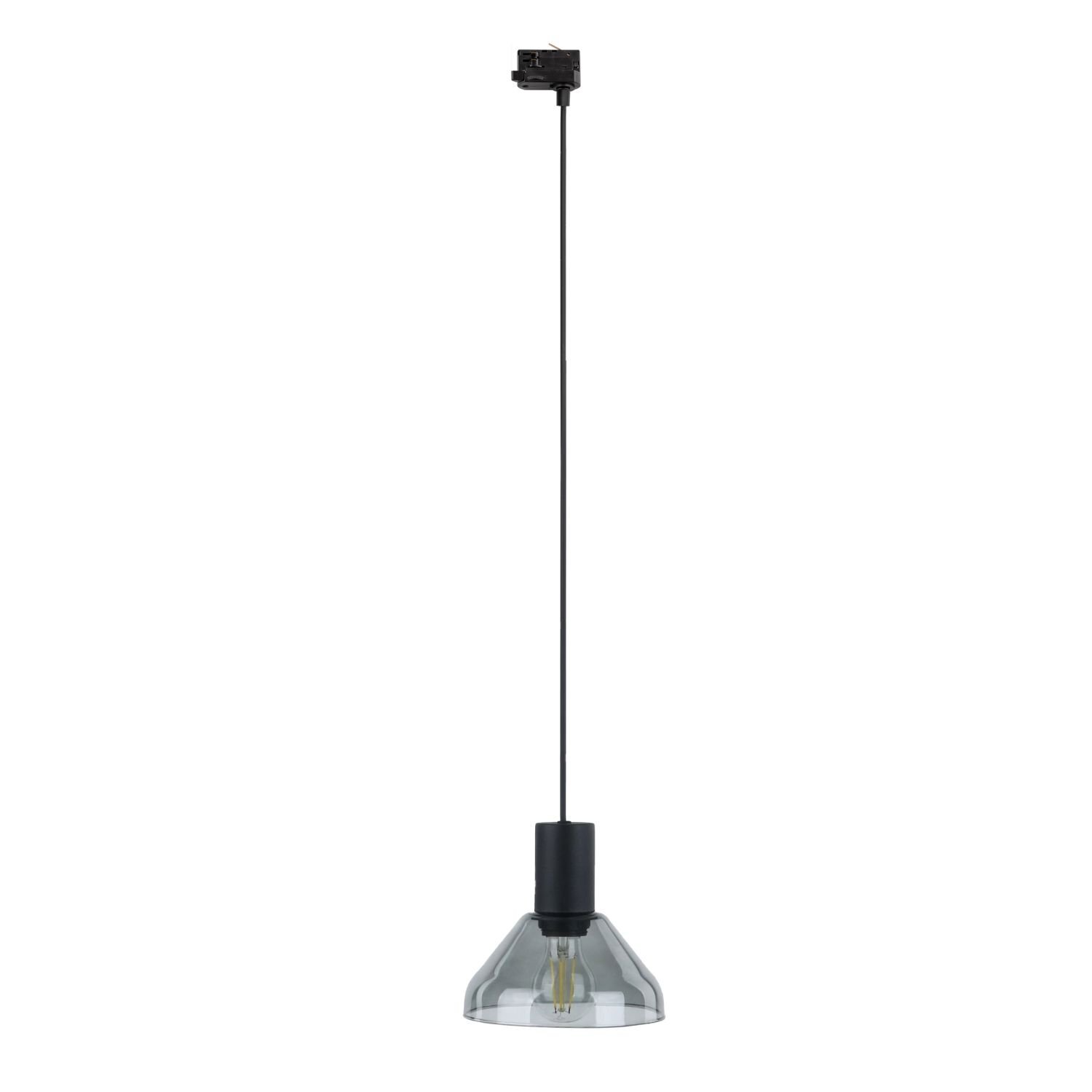 Lampa wisząca z czarnym przewodem i przezroczystym kloszem, w którym widoczna jest żarówka. Element mocujący jest czarny i prostokątny.
