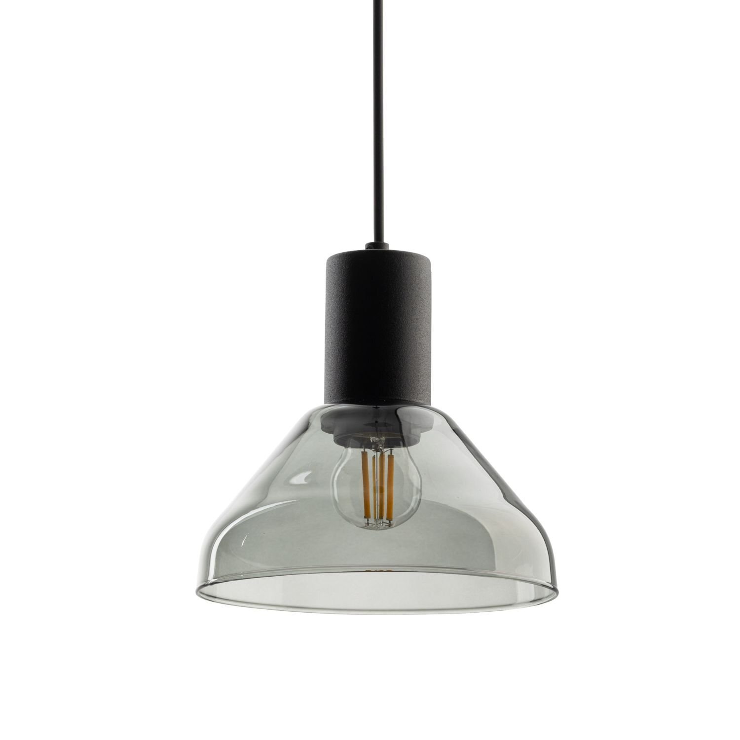 Lampa wisząca z przezroczystym kloszem i widoczną żarówką wewnątrz. Korpus lampy jest czarny, a przewód jest cienki i czarny.