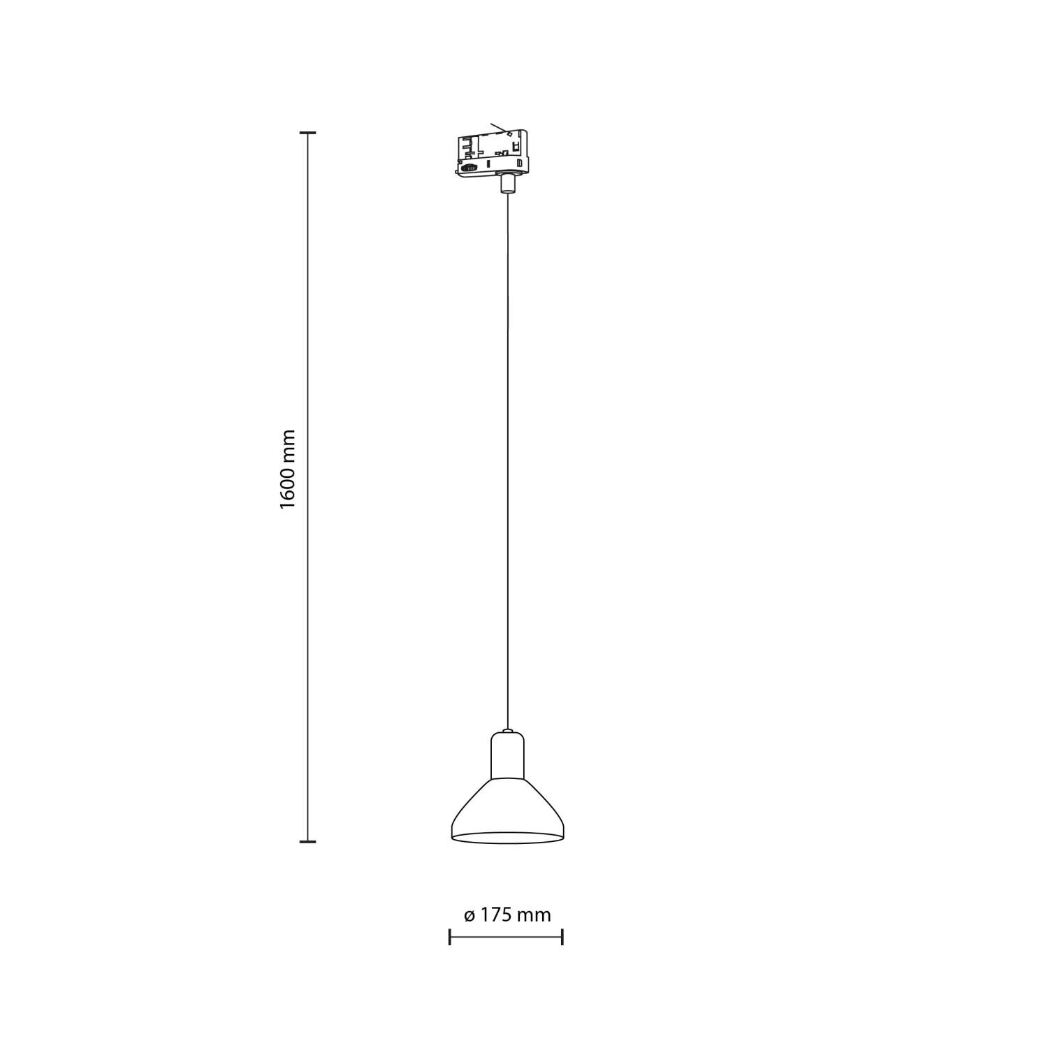 Schematyczny rysunek lampy wiszącej z oznaczeniem długości 1600 mm i średnicy 175 mm. Widoczny jest mechanizm montażowy na szynie oraz klosz lampy.