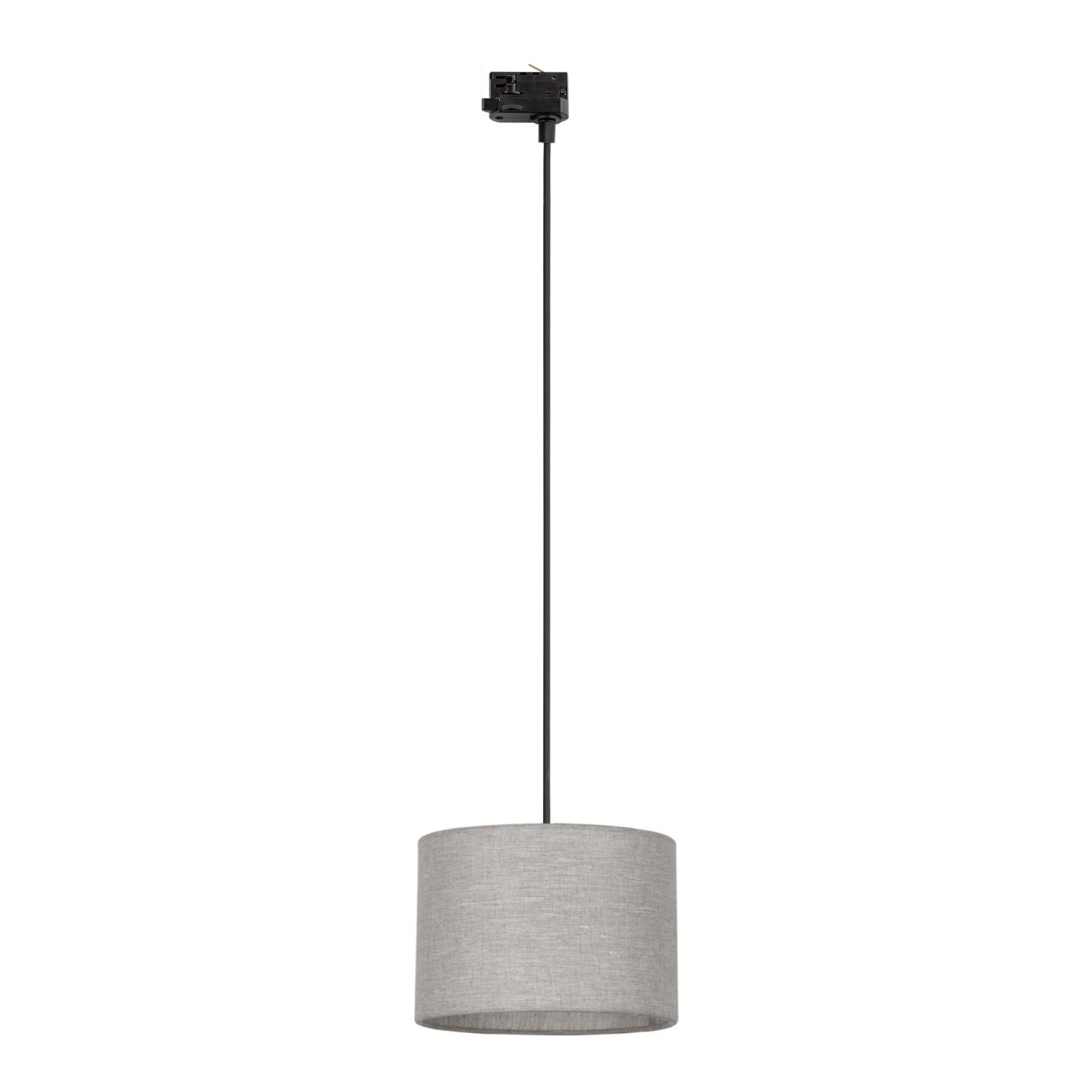 Lampa wisząca z czarnym przewodem i beżowym, lnianym kloszem w kształcie walca. U góry widoczny jest czarny element montażowy.