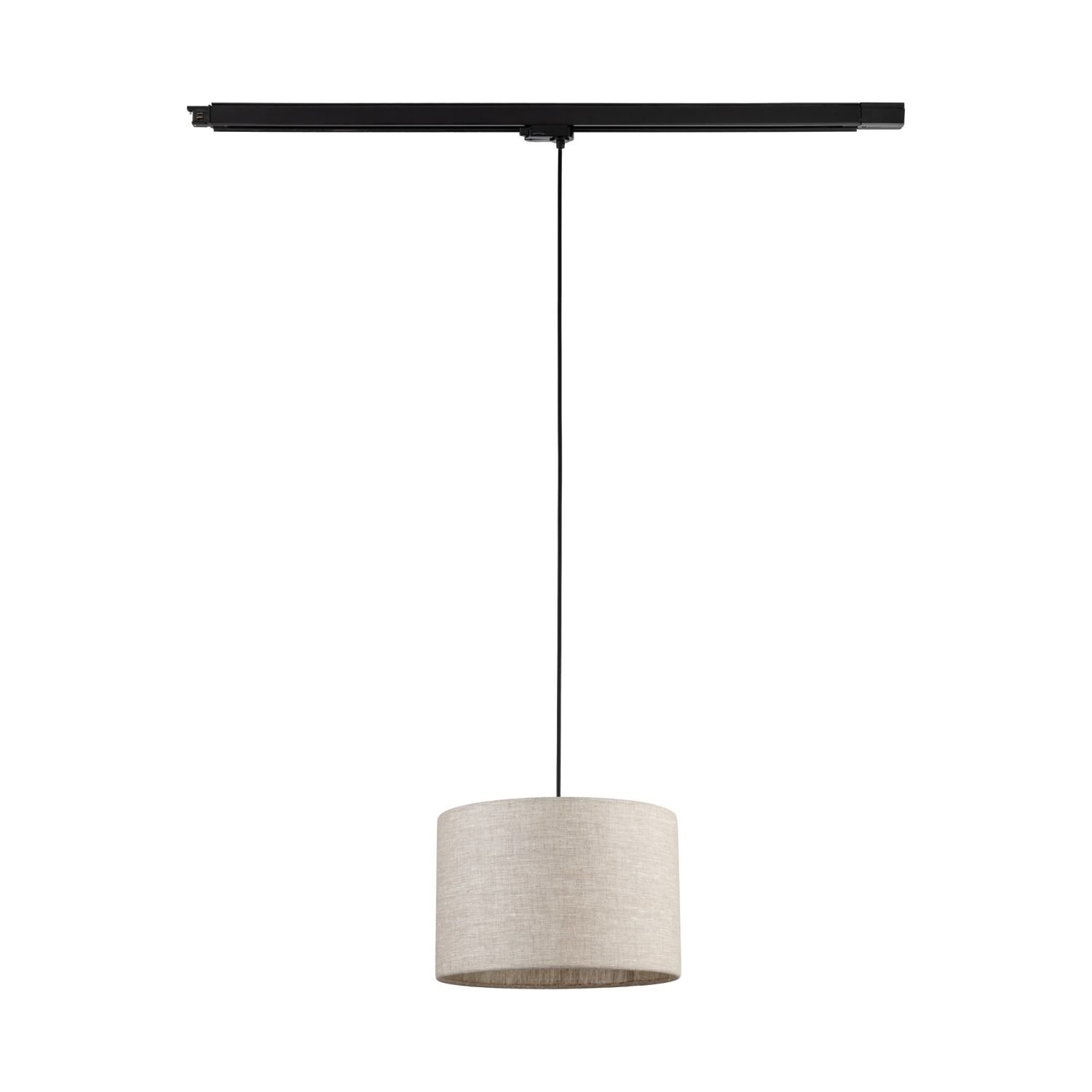 Lampa wisząca z czarną szyną i beżowym abażurem z lnu. Produkt ma prosty, nowoczesny design.