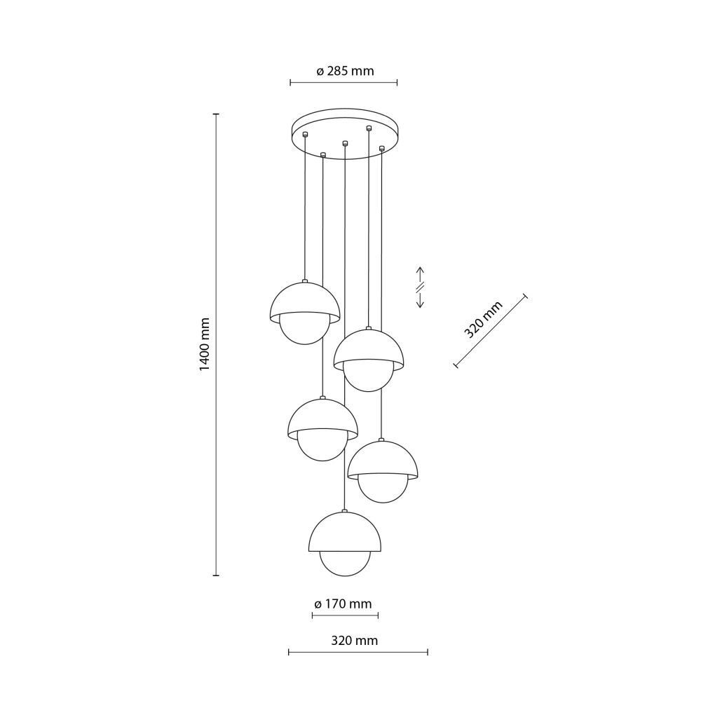 Schemat lampy wiszącej z pięcioma kloszami o średnicy 170 mm, zawieszonymi na różnych wysokościach. Wymiary całkowite to 1400 mm wysokości i 320 mm szerokości, z podstawą o średnicy 285 mm.