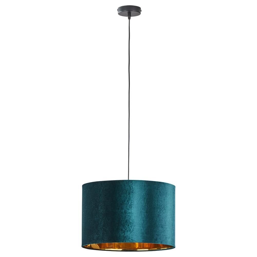 Lampa wisząca z cylindrycznym abażurem w kolorze czarno-zielonym, zawieszona na cienkim przewodzie. Wnętrze abażuru jest złote, a całość przymocowana do okrągłej podsufitki.