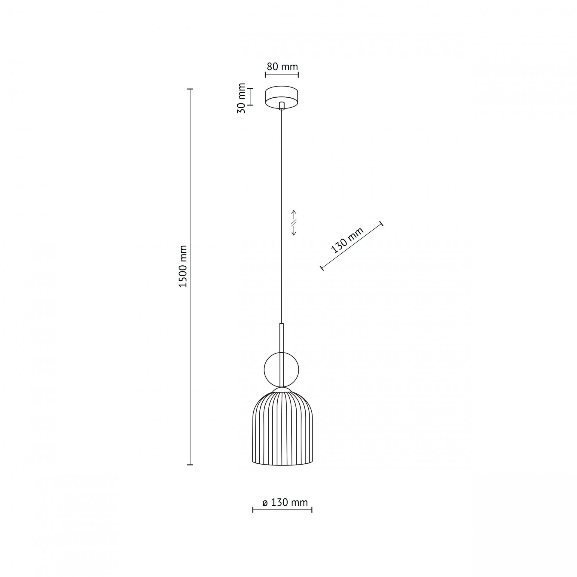 Schematyczny rysunek lampy wiszącej z wymiarami: wysokość 1500 mm, średnica klosza 130 mm, średnica podsufitki 80 mm. Lampa ma regulowaną wysokość i klosz w kształcie kopuły.