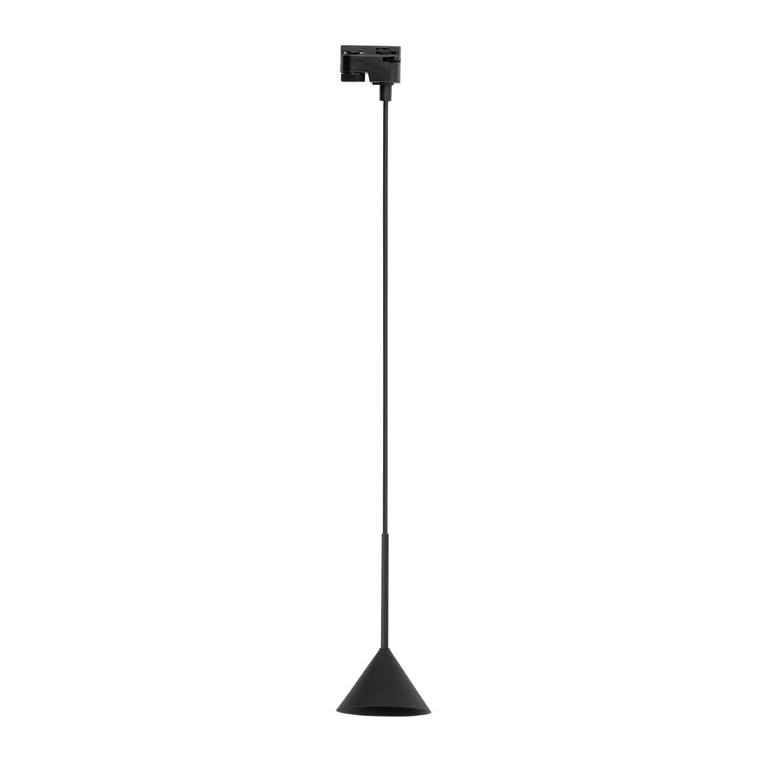 Czarna metalowa lampa wisząca o stożkowym kształcie, przeznaczona do montażu na szynie 1-fazowej. Lampa posiada prosty, nowoczesny design.