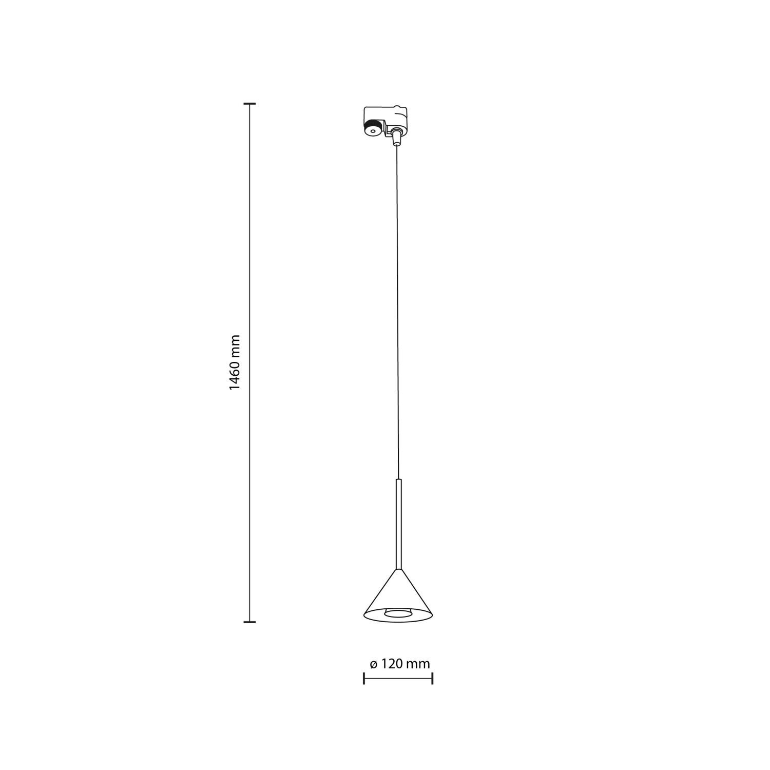 Schematyczny rysunek lampy wiszącej z wymiarami: wysokość 1460 mm i średnica 120 mm. Lampa ma stożkowy klosz i jest przeznaczona do montażu na szynie 1-fazowej.