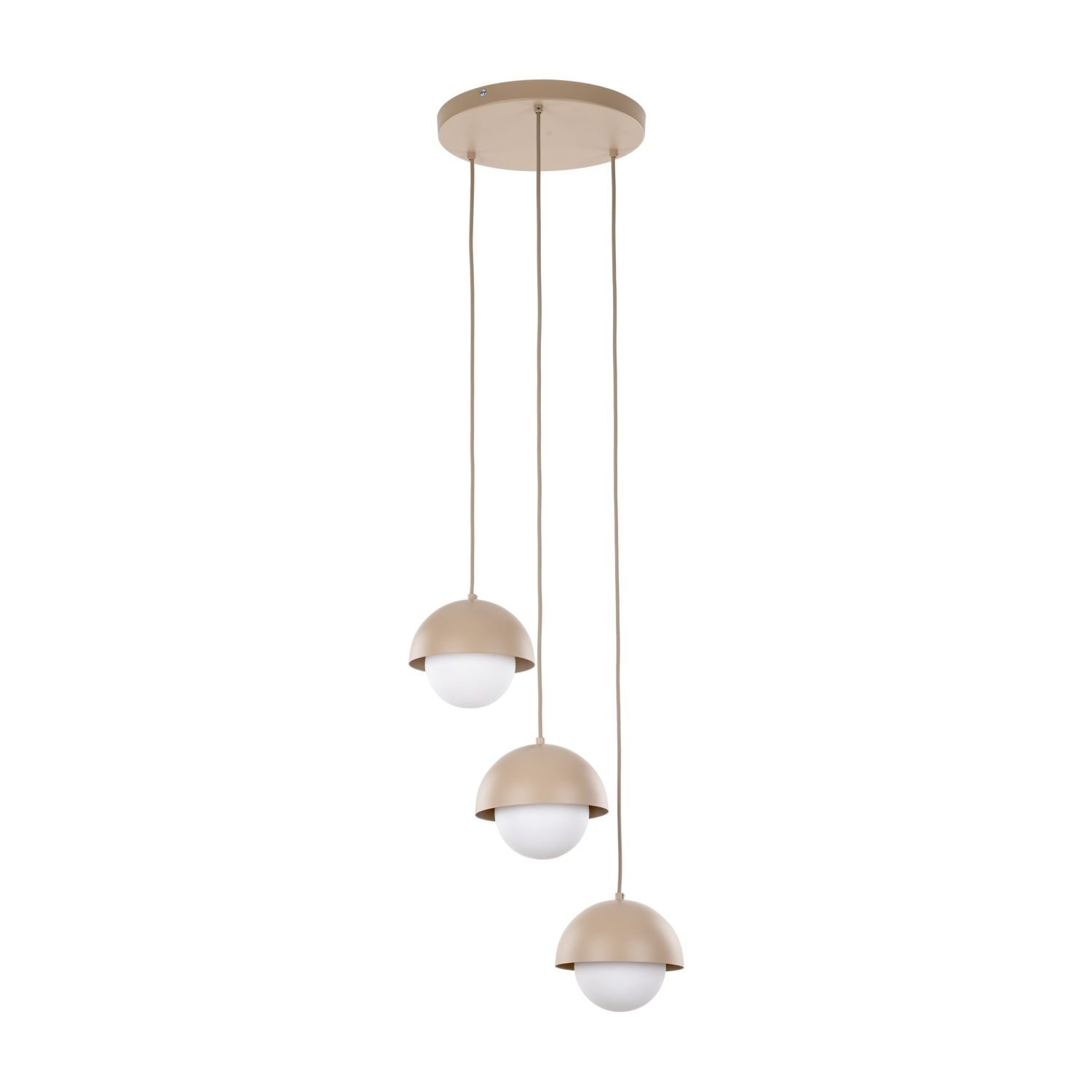 Lampa wisząca z trzema kulistymi kloszami w kolorze biało-beżowym, zawieszona na regulowanych przewodach. Klosze mają półkulisty kształt z beżową górną częścią i białą dolną częścią.